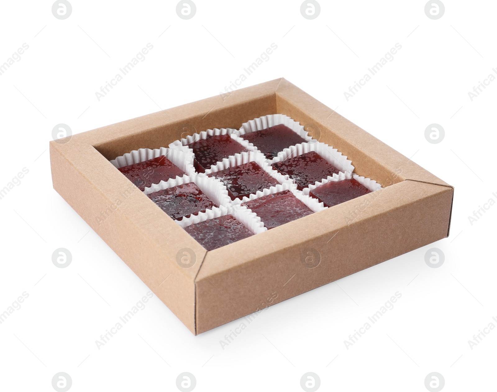 Photo of Box of delicious sweets isolated on white