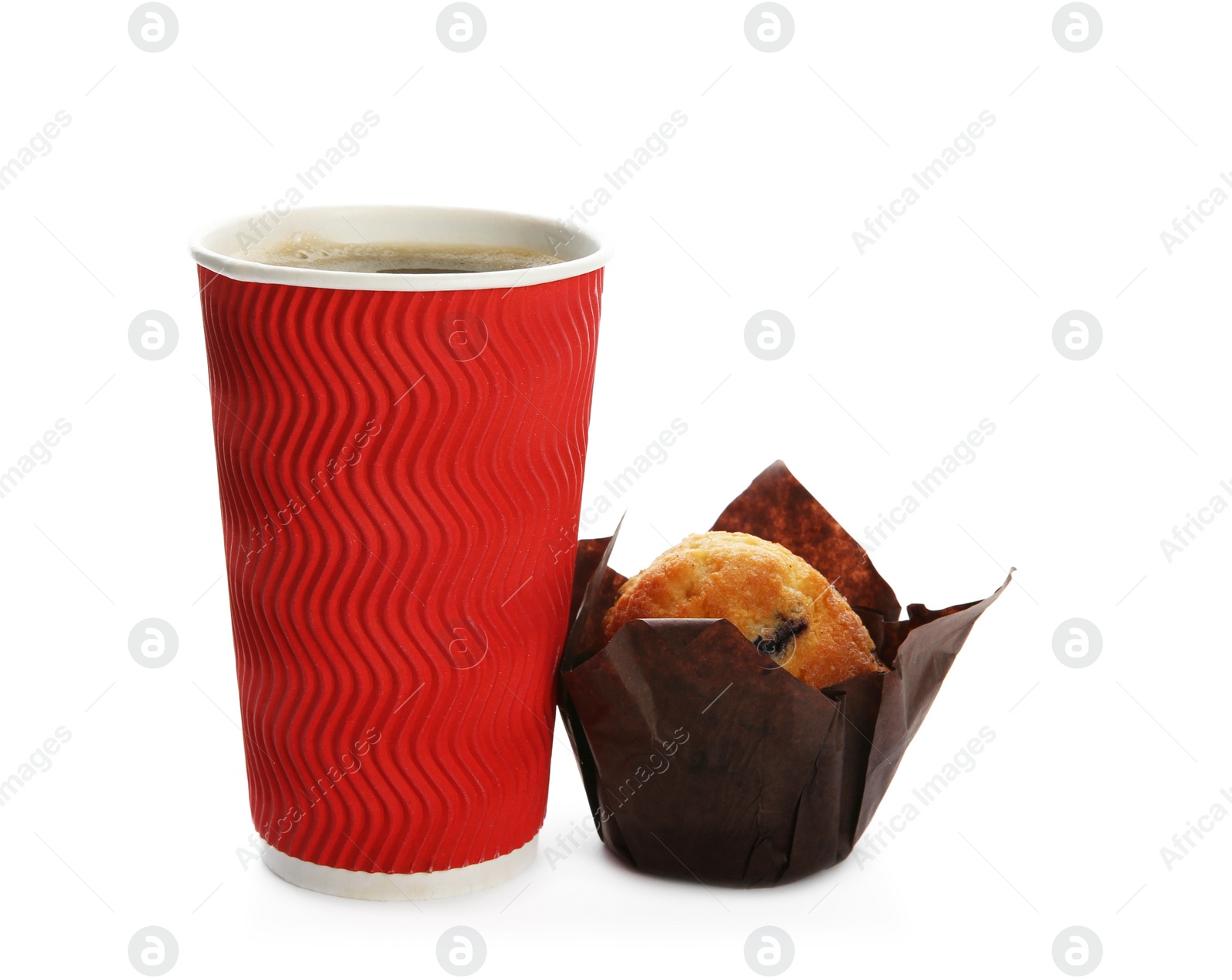 Photo of Cardboard cup of coffee and tasty muffin on white background