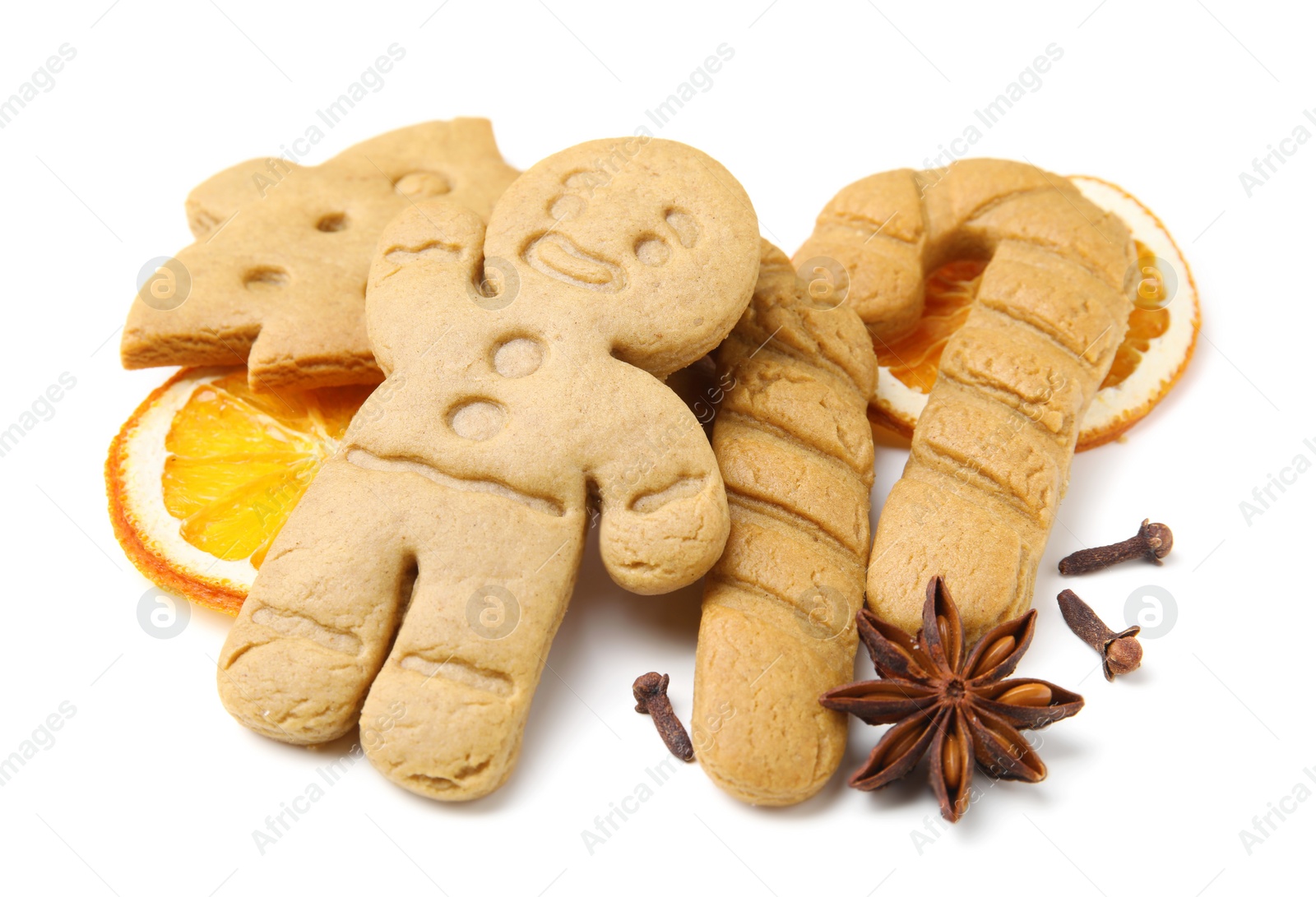 Photo of Different tasty cookies and spices on white background