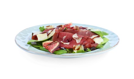 Photo of Plate with delicious bresaola salad isolated on white