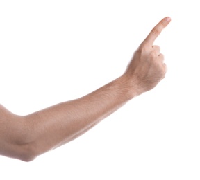 Photo of Man pointing at something on white background, closeup of hand