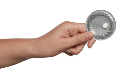Photo of Woman holding blister of emergency contraception pill on white background, closeup