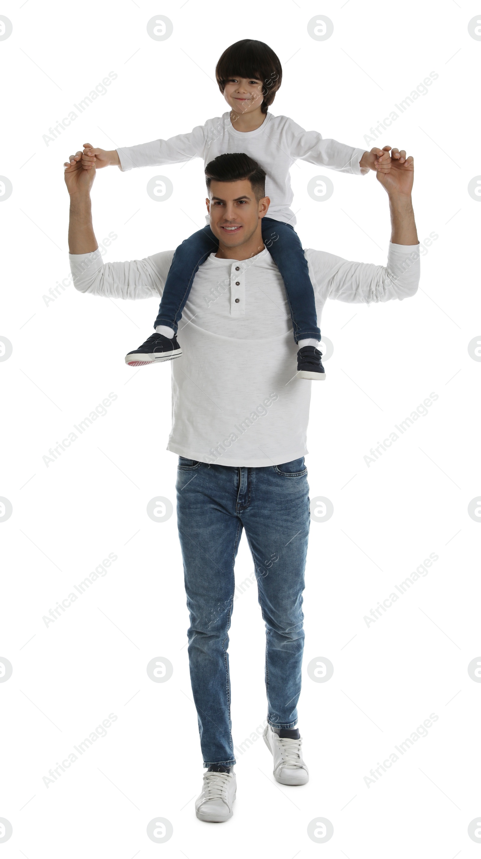 Photo of Little boy with his father on white background