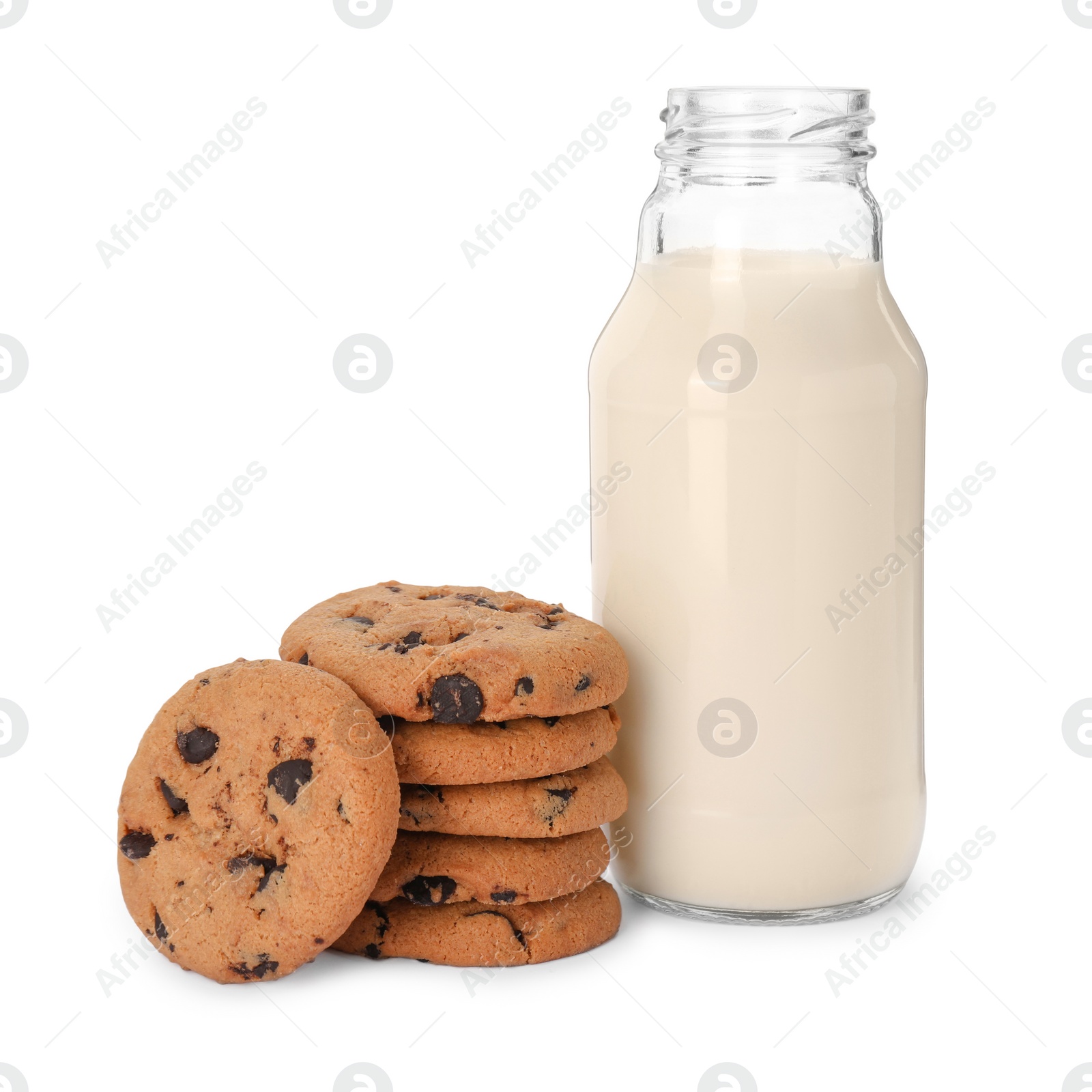 Photo of Delicious chocolate chip cookies and milk isolated on white