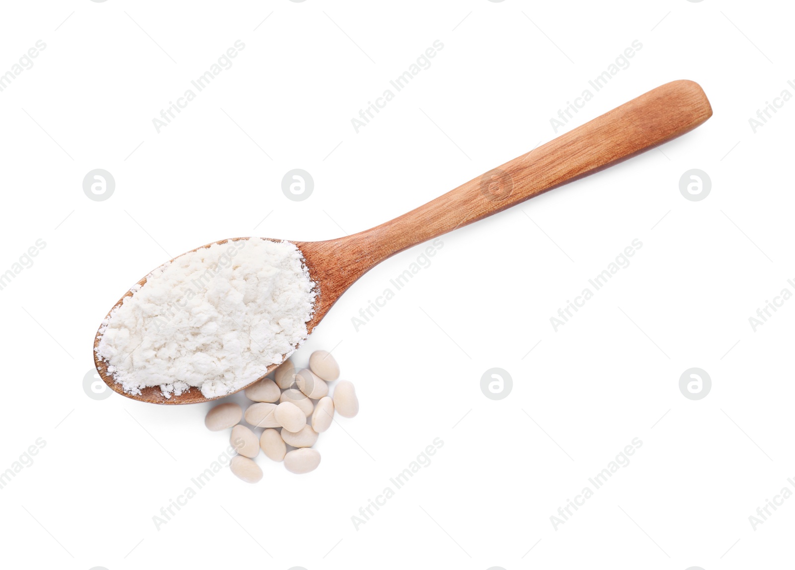 Photo of Wooden spoon with flour and kidney beans isolated on white, top view