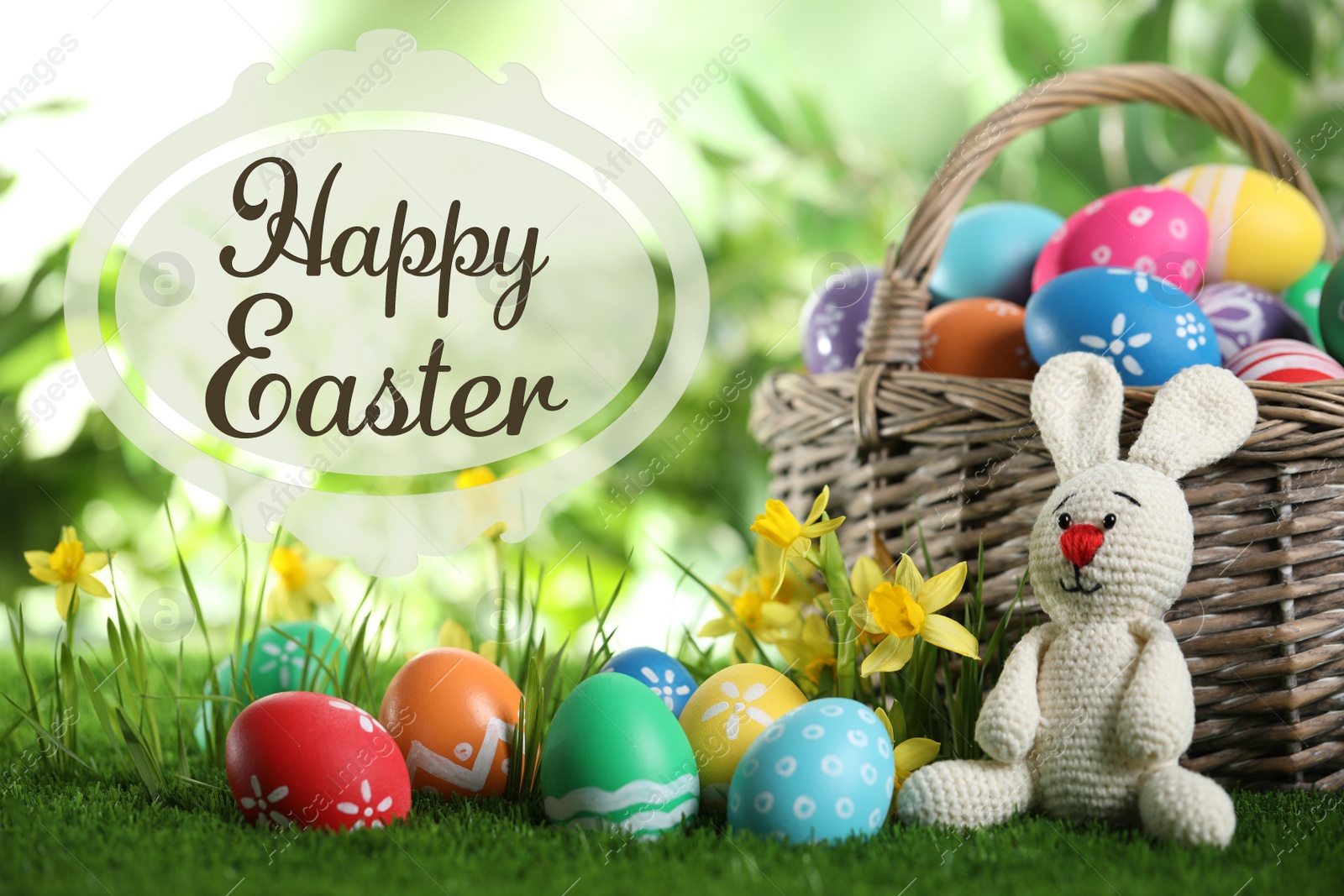 Image of Composition with colorful eggs and text Happy Easter on blurred background