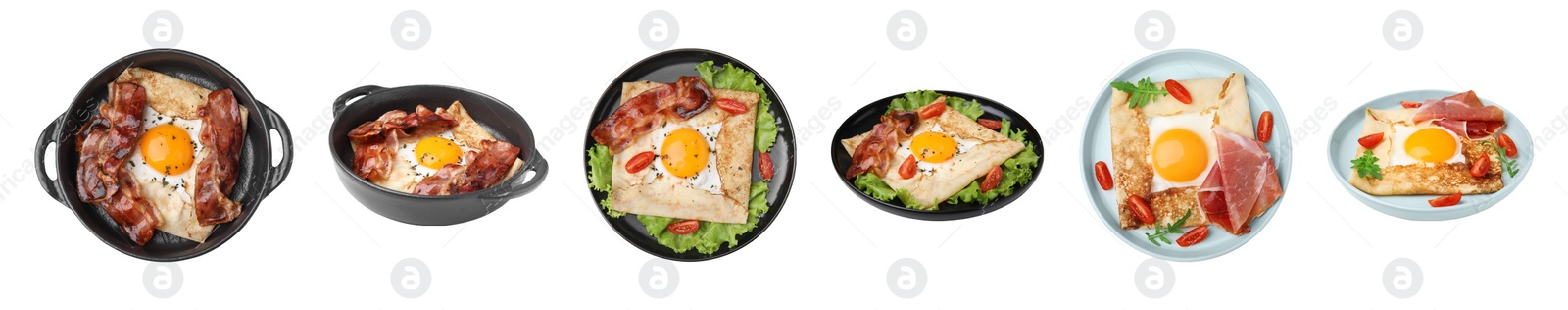 Image of Set with delicious crepes with eggs on white background. Breton galette. Banner design