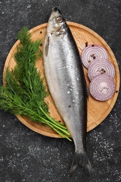 Photo of Delicious salted herring, dill and onion on dark grey table, top view
