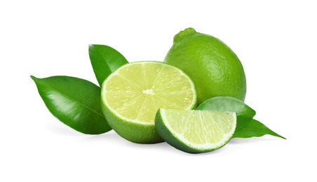 Fresh ripe green limes isolated on white