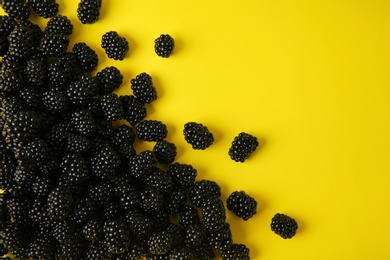 Flat lay composition with ripe blackberries on yellow background. Space for text