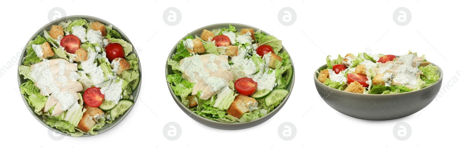 Image of Bowl of tasty salad with Chinese cabbage, cucumber, meat and tomatoes on white background, different sides. Collage design