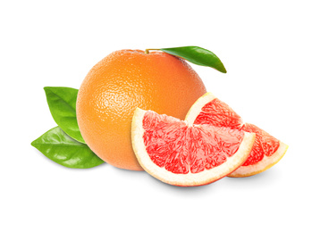 Image of Whole and cut grapefruits on white background