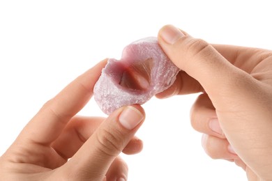 Photo of Woman with delicious mochi on white background, closeup. Traditional Japanese dessert