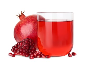 Photo of Refreshing pomegranate juice in glass, seeds and fruit isolated on white