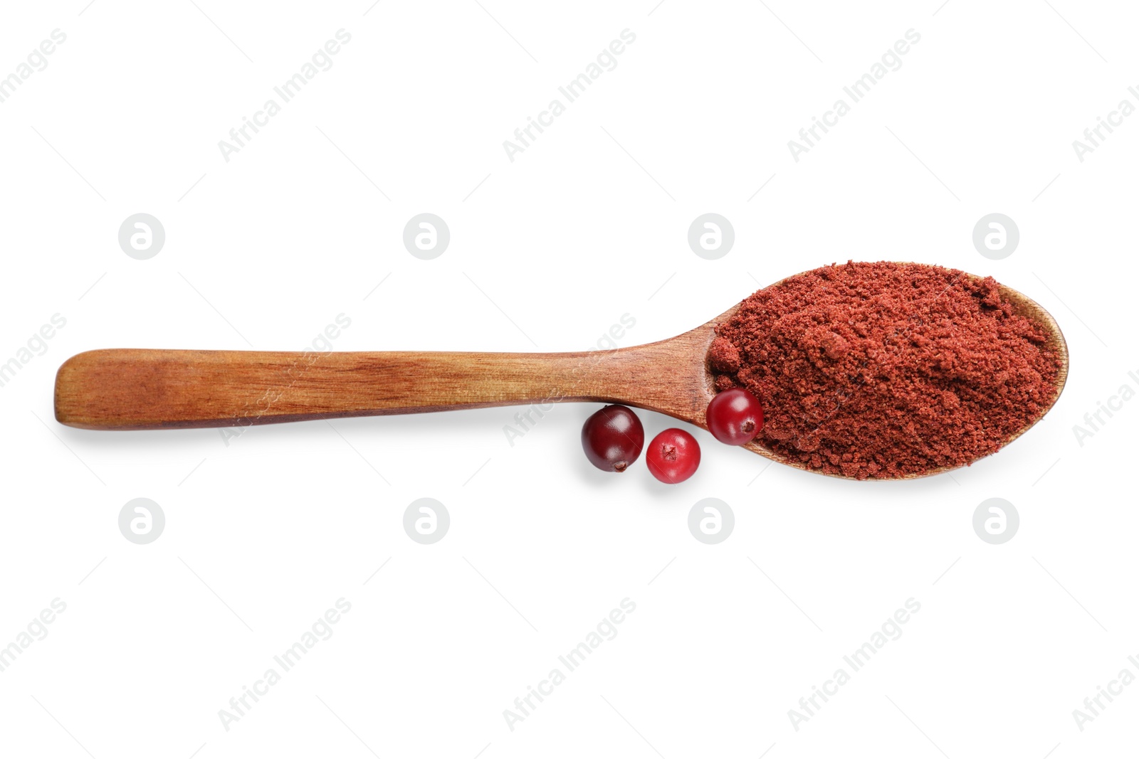 Photo of Wooden spoon with dried cranberry powder and fresh berries isolated on white, top view