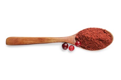 Wooden spoon with dried cranberry powder and fresh berries isolated on white, top view