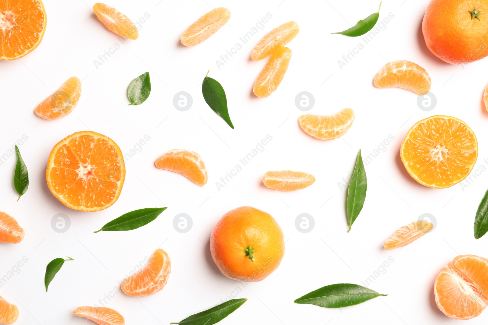 Photo of Composition with tangerines and leaves on white background, top view