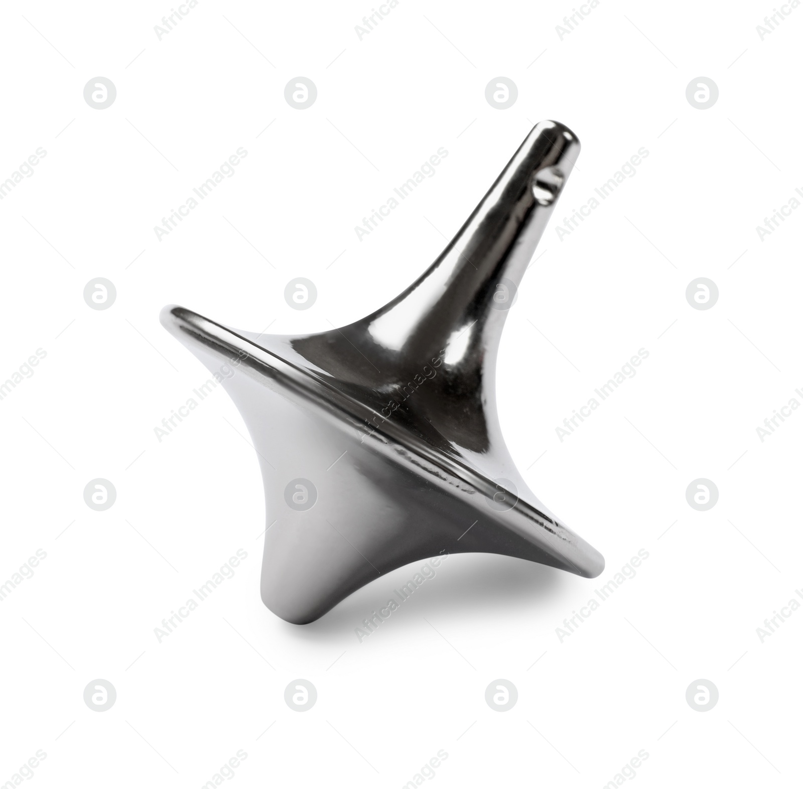 Photo of One silver spinning top on white background