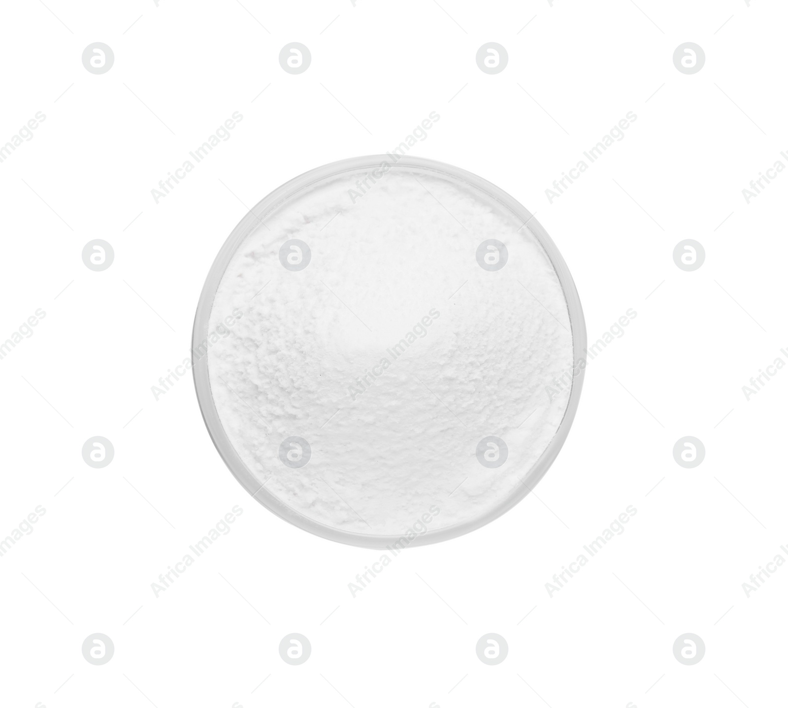 Photo of Bowl of natural starch isolated on white, top view