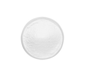 Photo of Bowl of natural starch isolated on white, top view