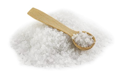 Photo of Heap of natural salt and wooden spoon isolated on white