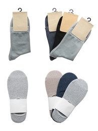Image of Pairs of cotton socks with blank labels on white background, collage 
