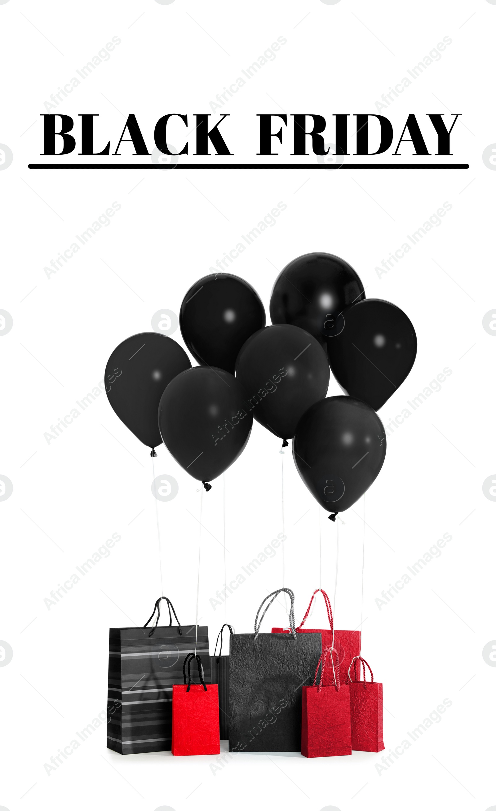 Image of Text BLACK FRIDAY, bunch of balloons and shopping bags on white background