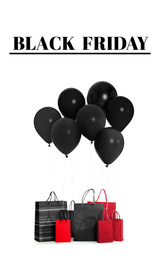 Text BLACK FRIDAY, bunch of balloons and shopping bags on white background