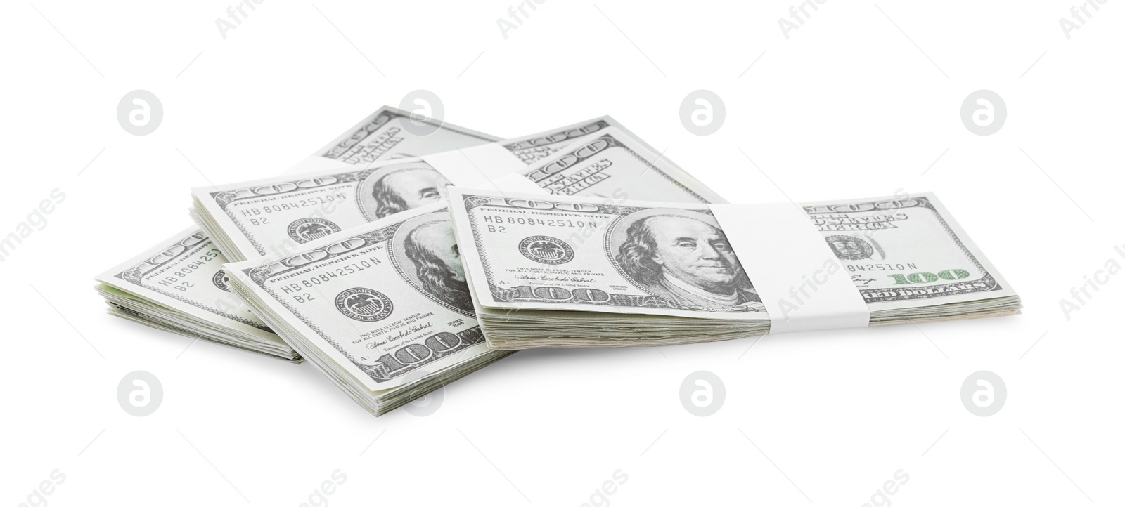 Photo of Bundles of dollar banknotes isolated on white. American national currency