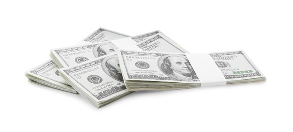 Bundles of dollar banknotes isolated on white. American national currency