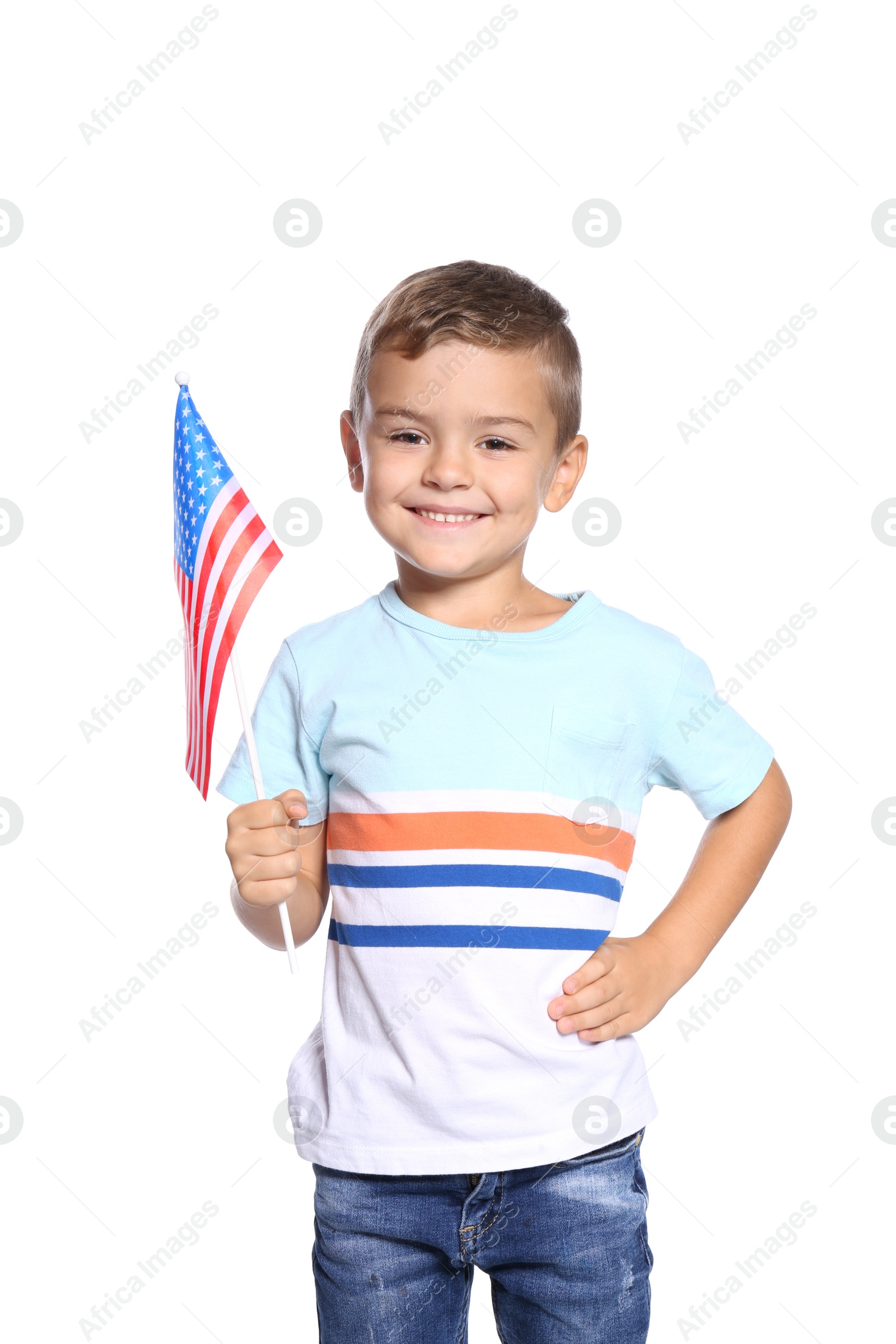 Photo of Little boy with American flag on white background