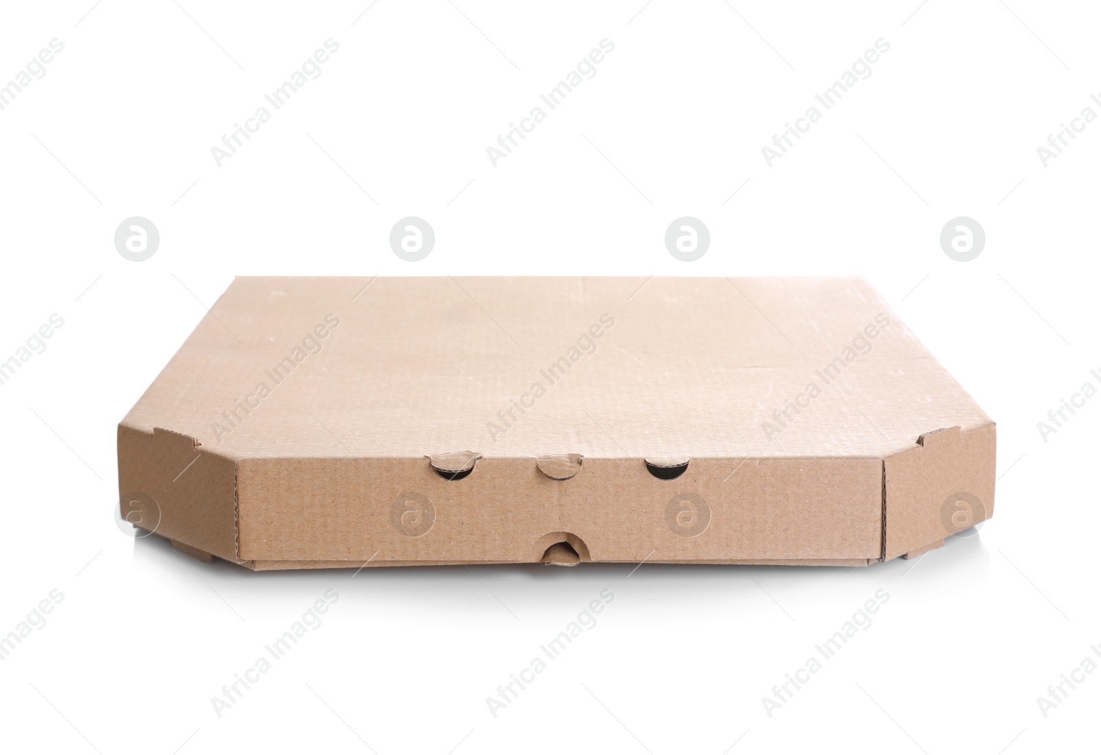 Photo of Cardboard pizza box on white background. Mockup for design