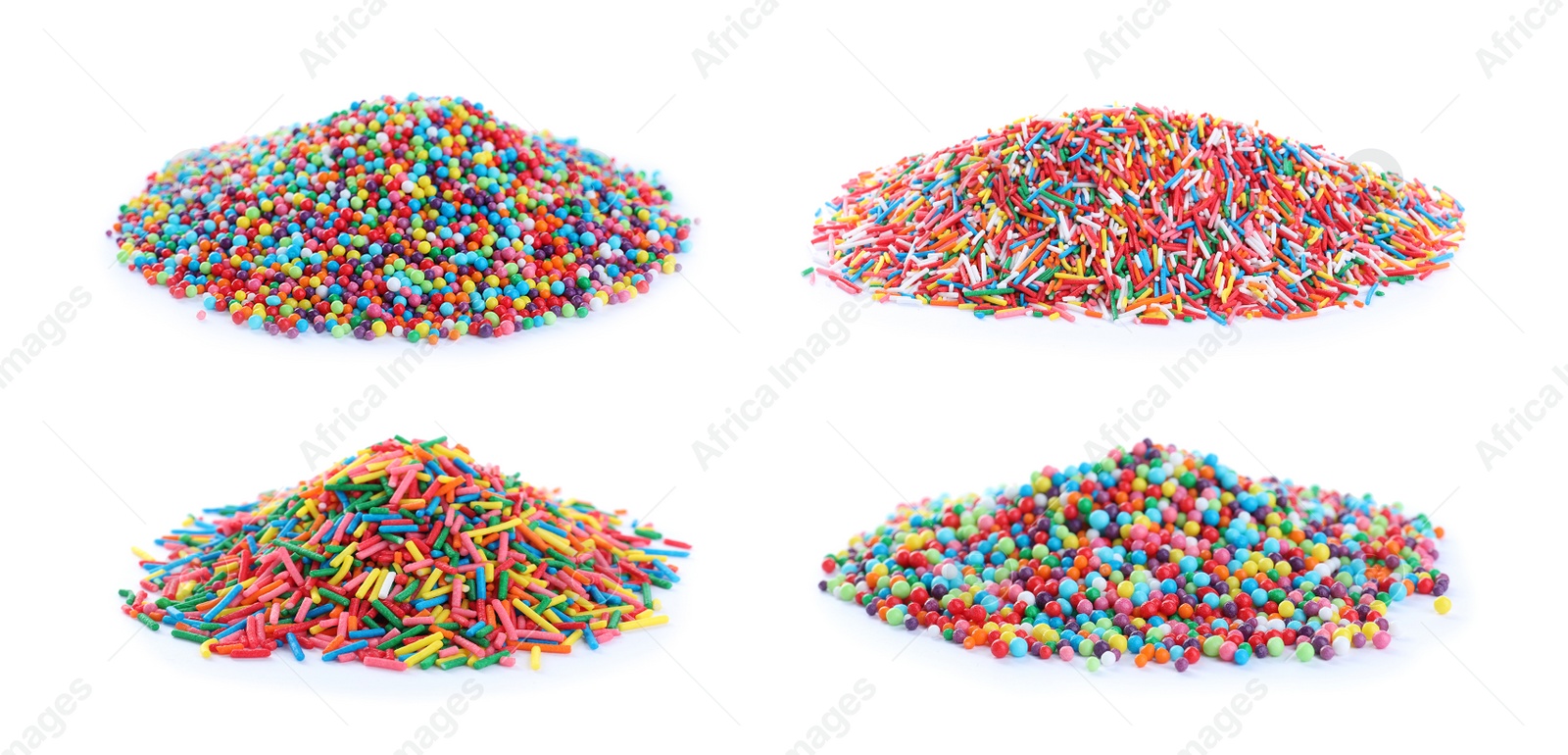 Image of Set with colorful sprinkles on white background, banner design. Confectionery decor