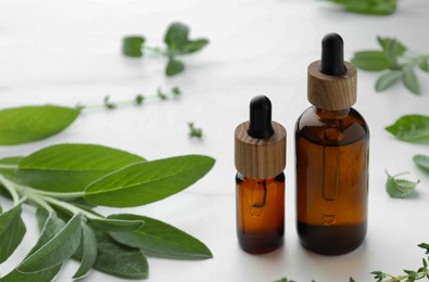 Photo of Bottles of essential oils and fresh herbs on white table, space for text