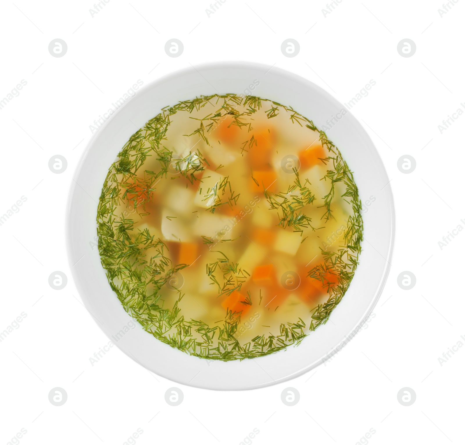 Photo of Bowl of fresh homemade soup to cure flu on white background, top view