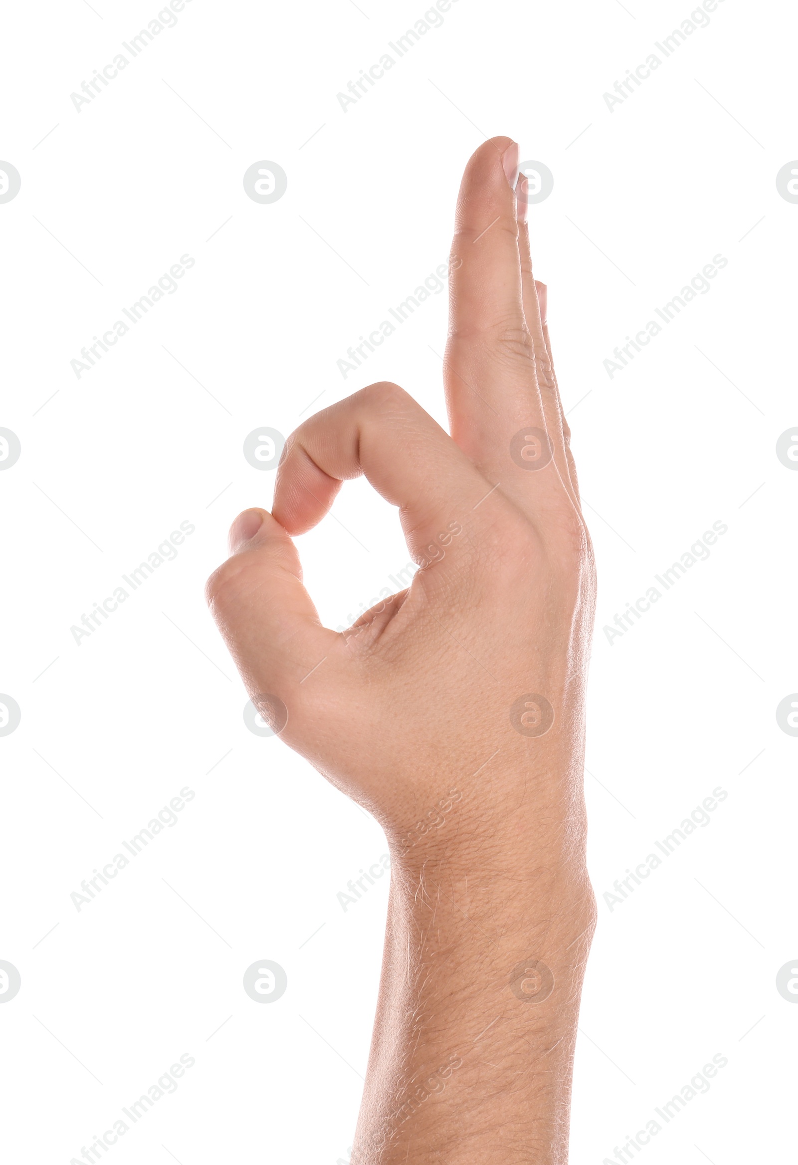 Photo of Man showing OK gesture on white background, closeup of hand