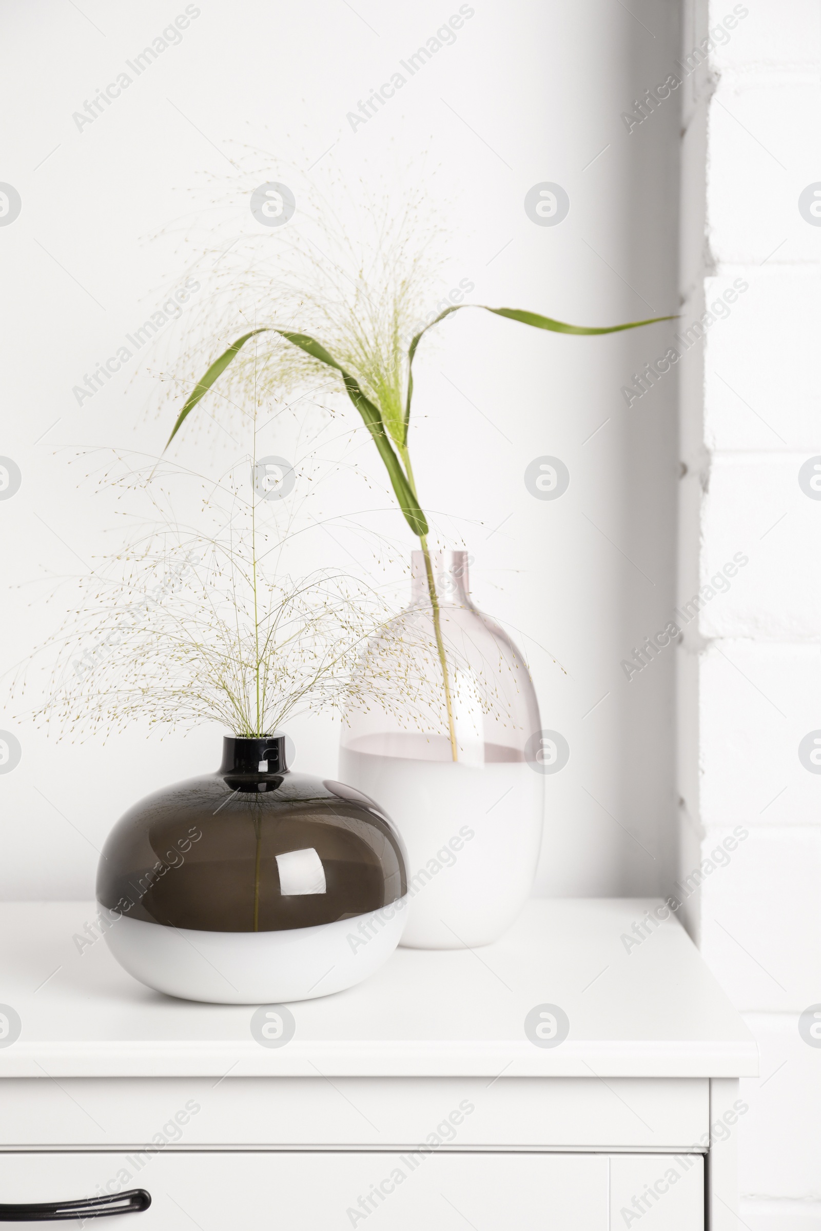 Photo of Decorative vases with plants on commode indoors