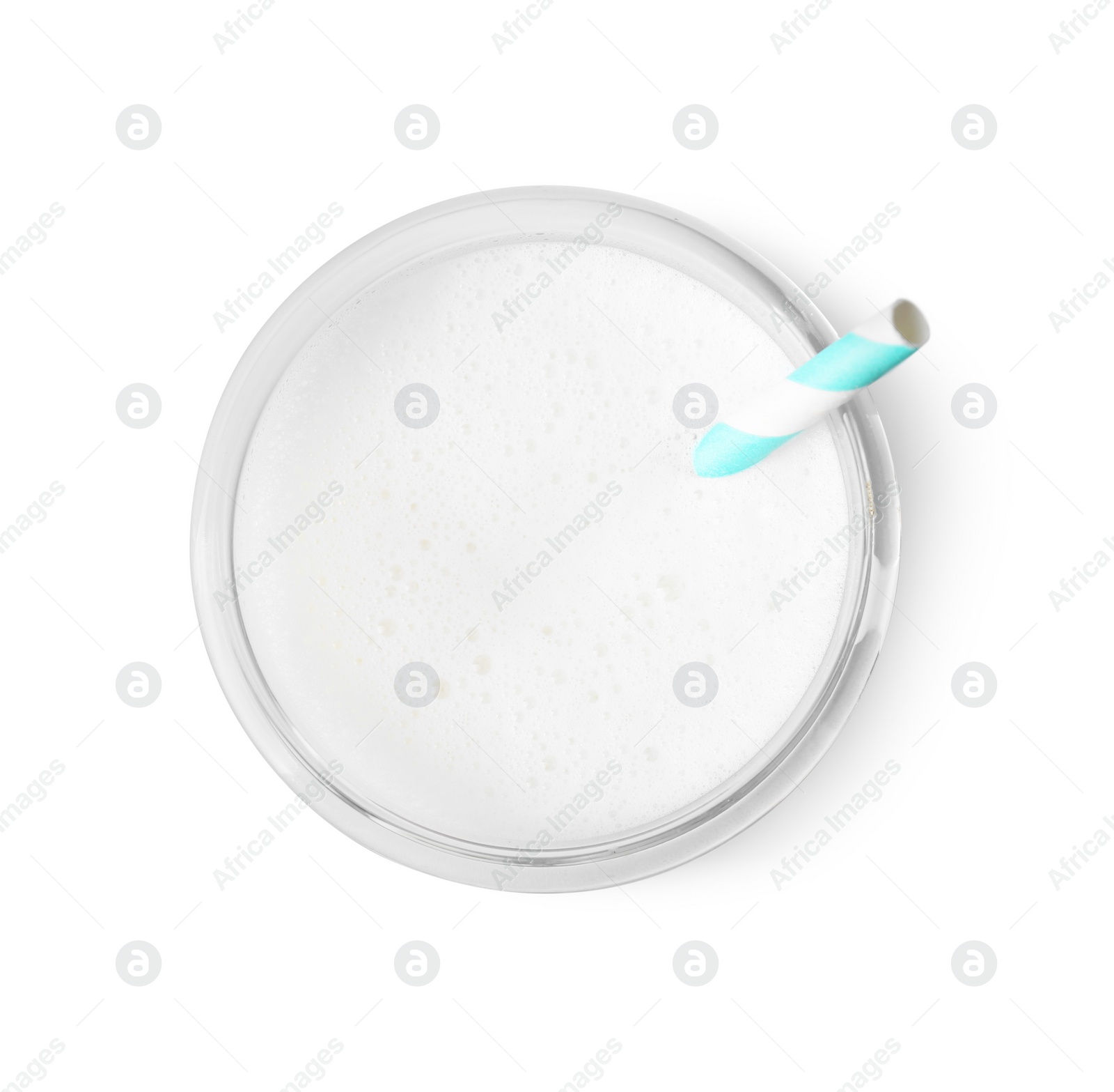 Photo of Glass of fresh milk with straw isolated on white, top view