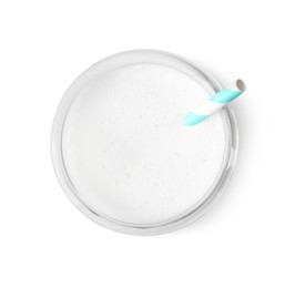 Photo of Glass of fresh milk with straw isolated on white, top view