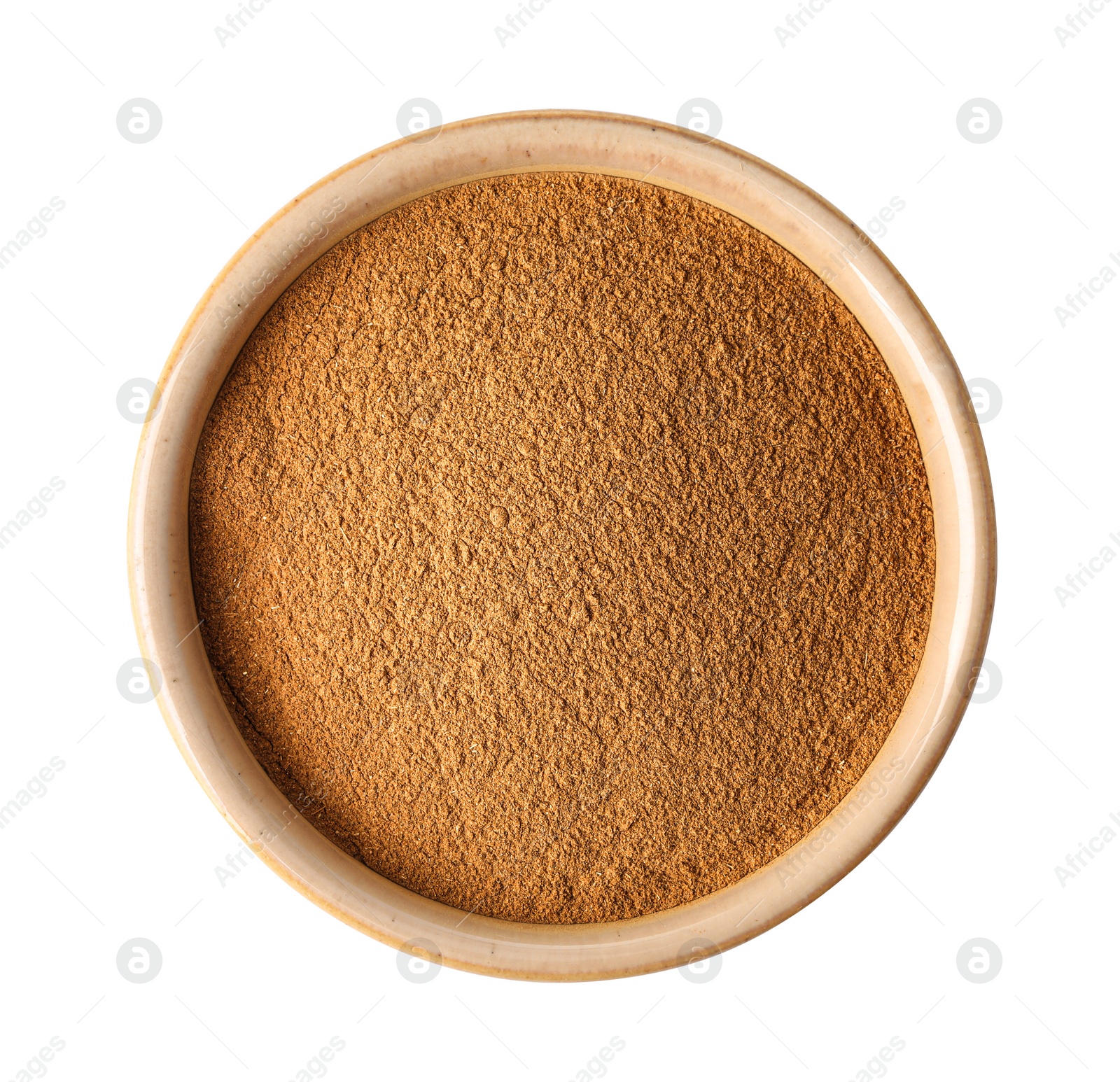 Photo of Dry aromatic cinnamon powder in bowl isolated on white, top view