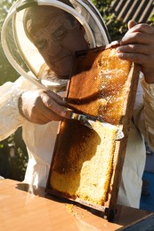 Photo of Senior beekeeper uncapping honeycomb frame with knife at table outdoors