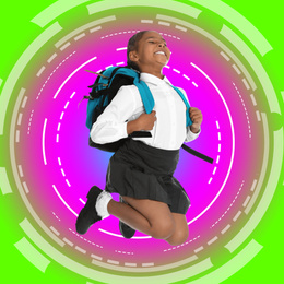 Image of Happy African-American girl jumping on colorful background. School holidays