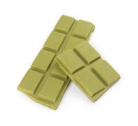 Photo of Pieces of tasty matcha chocolate bar isolated on white