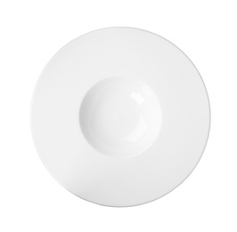 Photo of Ceramic plate with space for text on white background, top view. Washing dishes