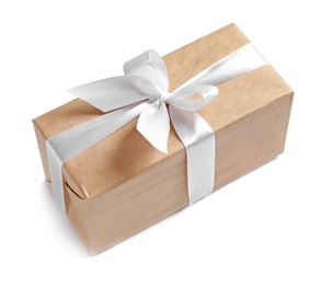 Beautifully wrapped gift box on white background