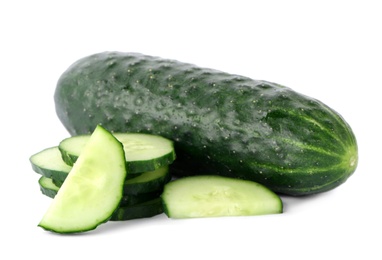 Photo of Whole and sliced fresh cucumbers on white background