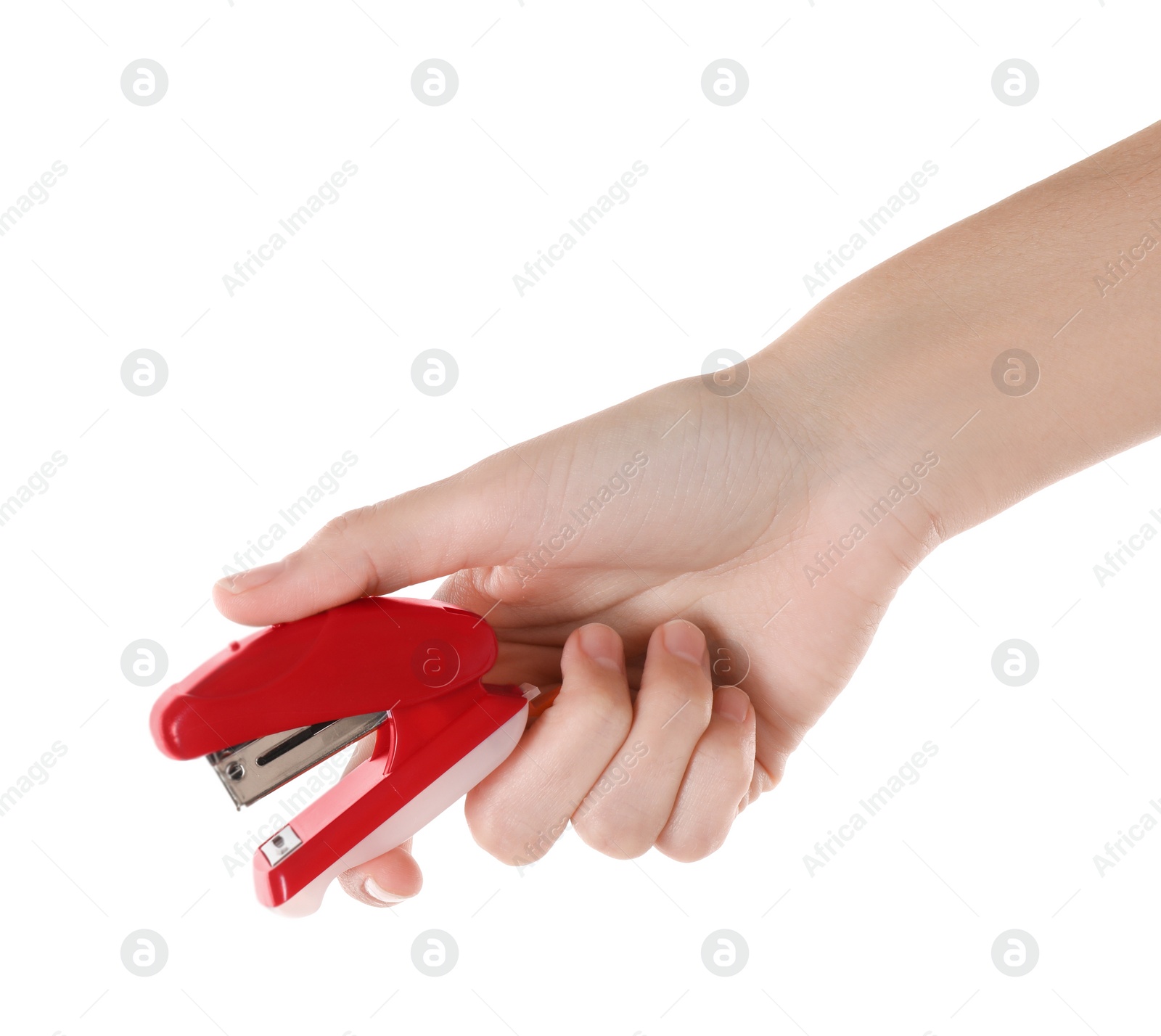 Photo of Woman holding red stapler on white background, closeup