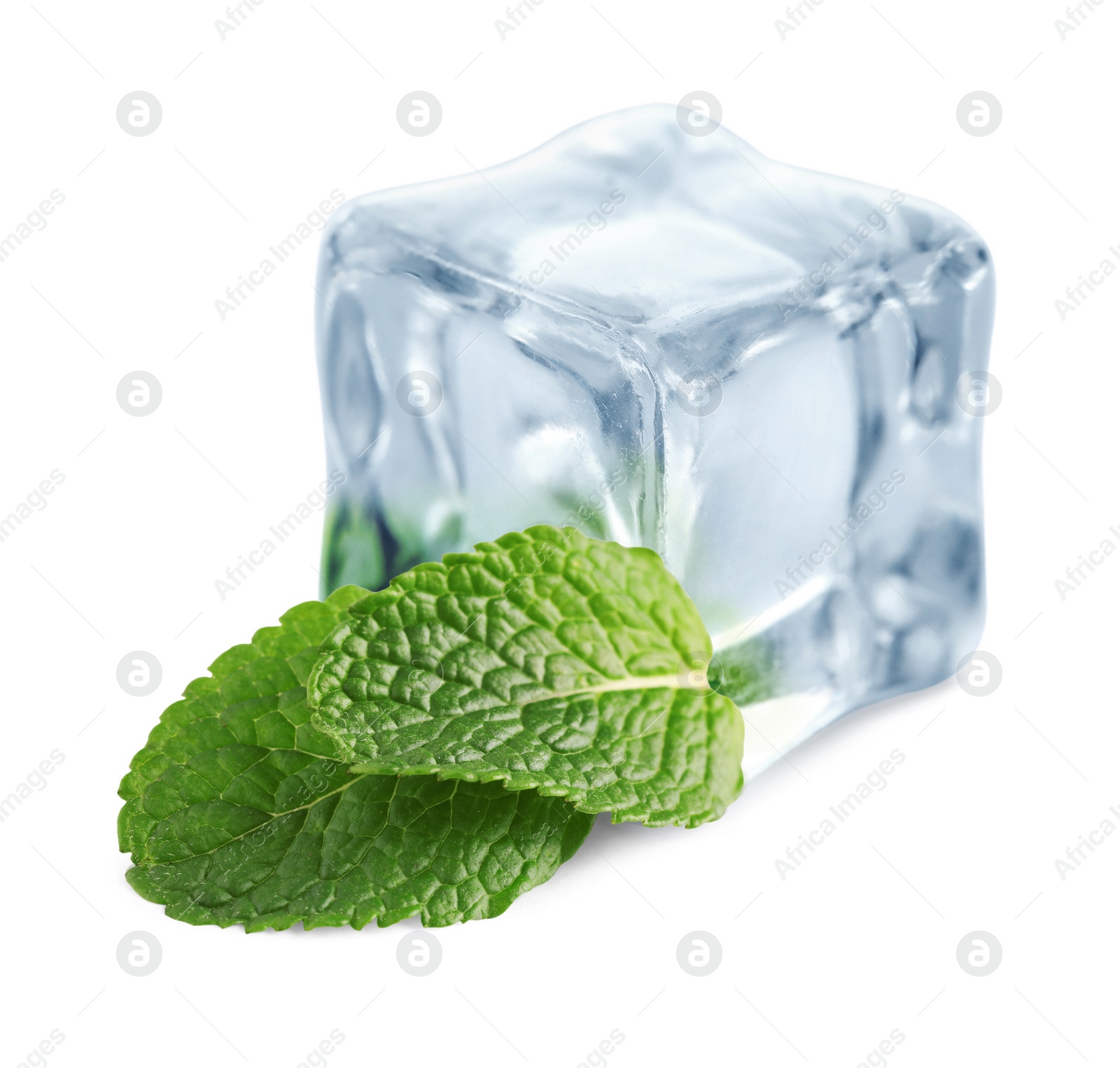 Image of Green mint and ice cube isolated on white