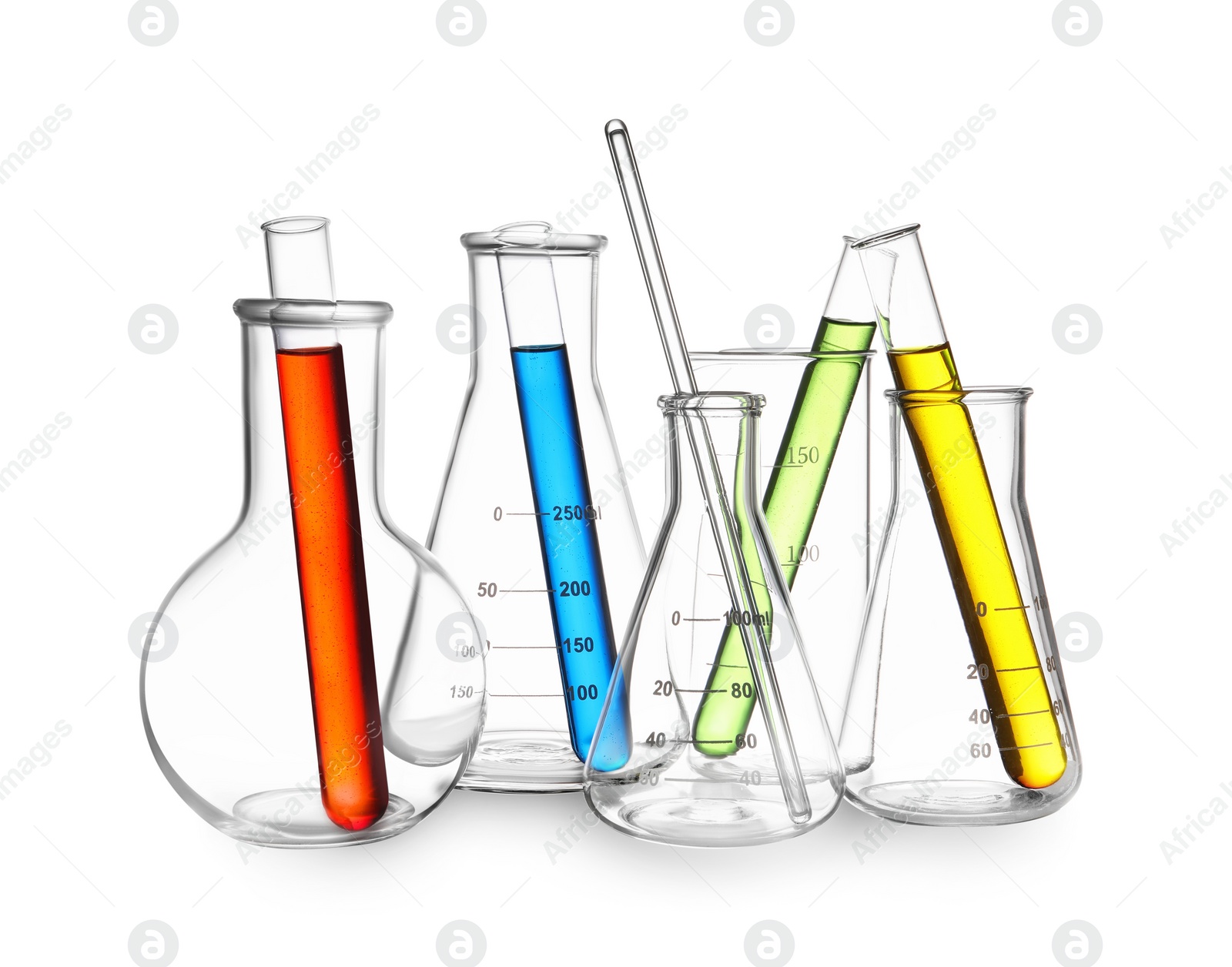 Image of Glass flasks, beaker and test tubes with colorful liquids isolated on white