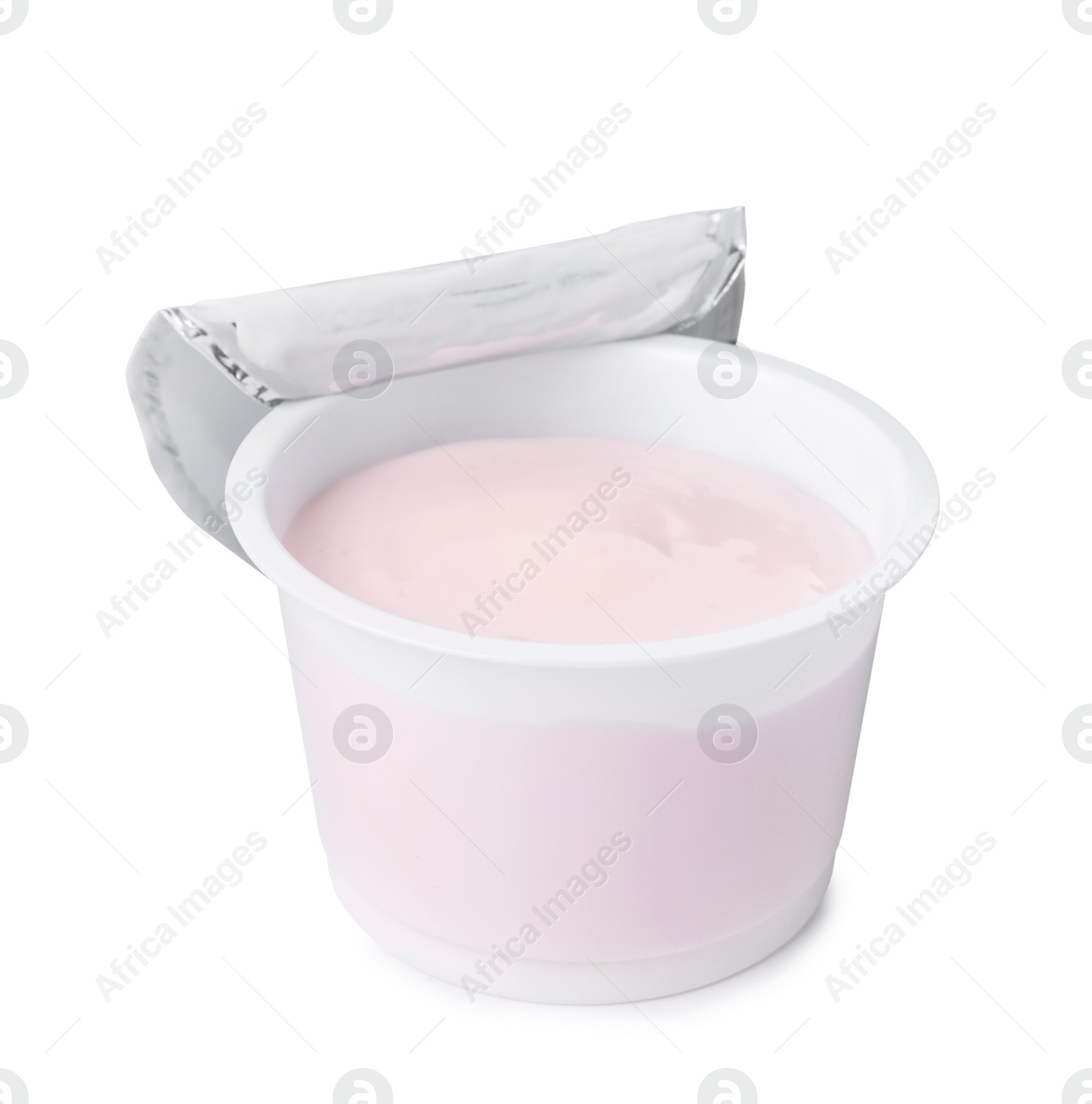 Photo of Plastic cup with delicious organic yogurt isolated on white